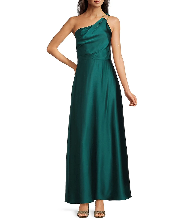 Alex Marie Camila Stretch Satin Asymmetrical One Shoulder Metal Loop Strap A-Line Maxi Dress