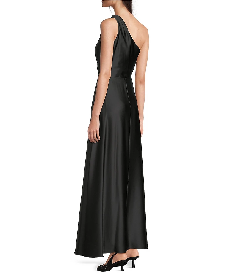 Alex Marie Camila Stretch Satin Asymmetrical One Shoulder Metal Loop Strap A-Line Maxi Dress
