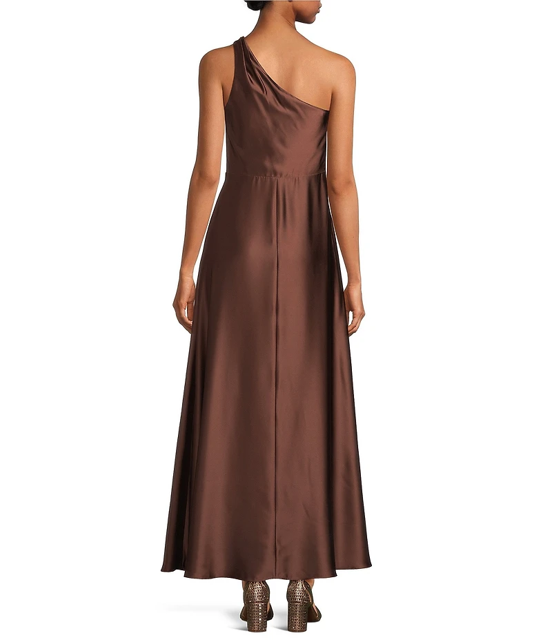 Alex Marie Camila Stretch Satin Asymmetrical One Shoulder Metal Loop Strap A-Line Maxi Dress