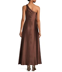 Alex Marie Camila Stretch Satin Asymmetrical One Shoulder Metal Loop Strap A-Line Maxi Dress