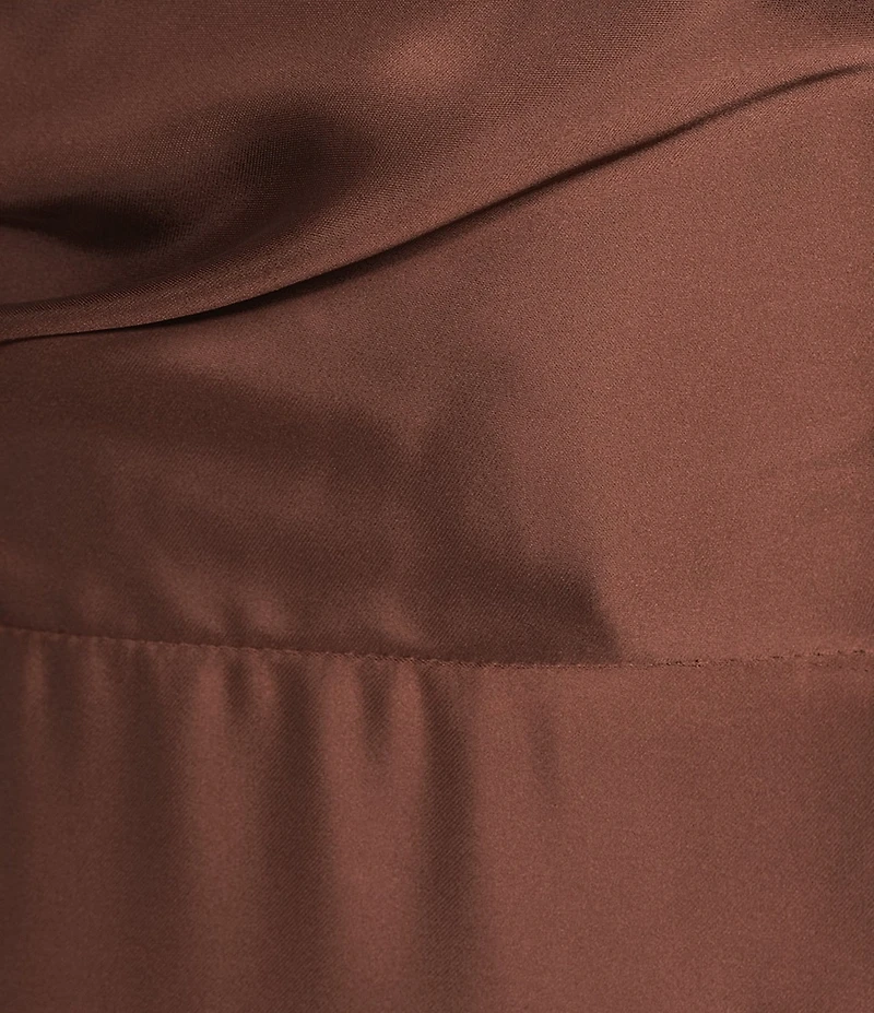 Alex Marie Camila Stretch Satin Asymmetrical One Shoulder Metal Loop Strap A-Line Maxi Dress