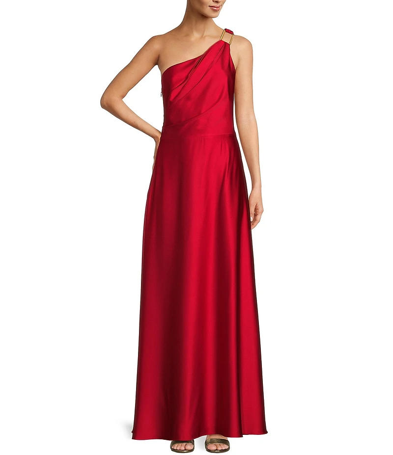 Alex Marie Camila Stretch Satin Asymmetrical One Shoulder Metal Loop Strap A-Line Maxi Dress