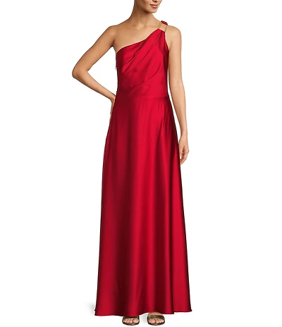 Alex Marie Camila Stretch Satin Asymmetrical One Shoulder Metal Loop Strap A-Line Maxi Dress