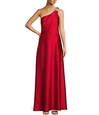 Alex Marie Camila Stretch Satin Asymmetrical One Shoulder Metal Loop Strap A-Line Maxi Dress
