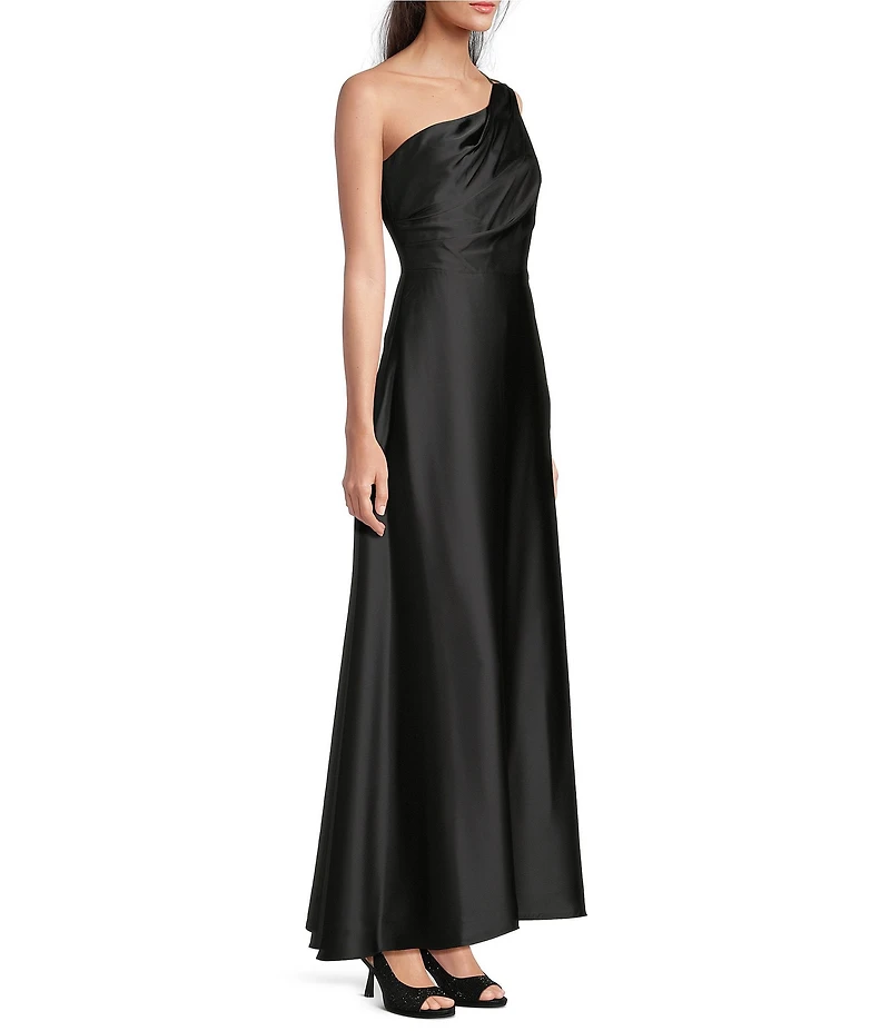 Alex Marie Camila Stretch Satin Asymmetrical One Shoulder Metal Loop Strap A-Line Maxi Dress