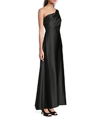 Alex Marie Camila Stretch Satin Asymmetrical One Shoulder Metal Loop Strap A-Line Maxi Dress