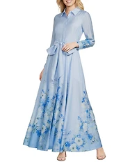 Alex Marie Cheryl Linen Blend Floral Print Collared Neckline Bracelet Sleeve Belted Gown