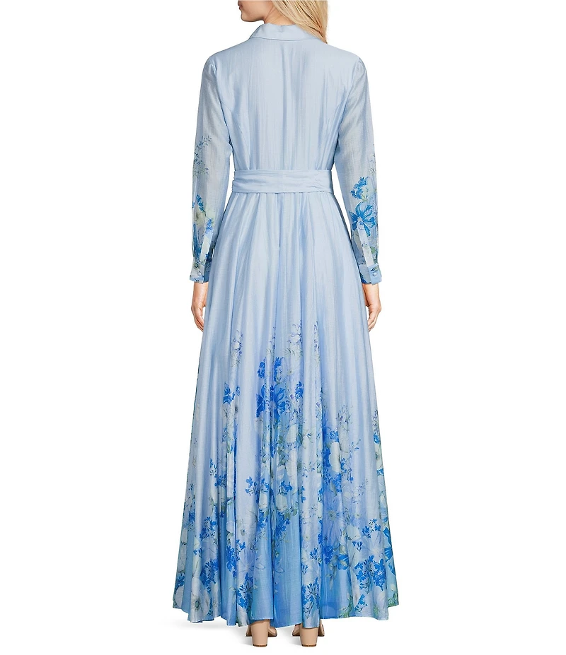 Alex Marie Cheryl Linen Blend Floral Print Collared Neckline Bracelet Sleeve Belted Gown