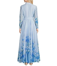 Alex Marie Cheryl Linen Blend Floral Print Collared Neckline Bracelet Sleeve Belted Gown