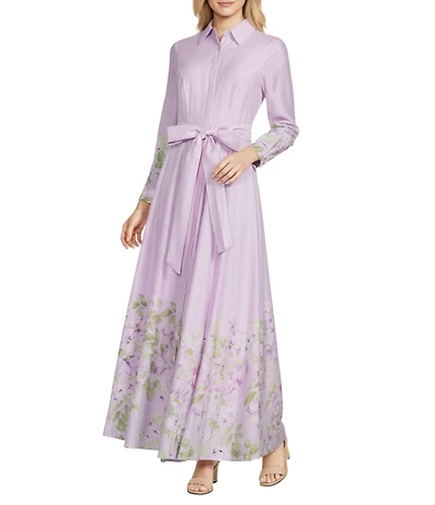 Alex Marie Cheryl Linen Blend Floral Print Collared Neckline Bracelet Sleeve Belted Gown