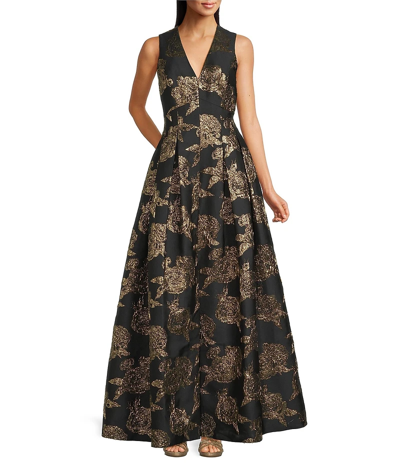 Alex Marie Christine Floral Print Textured Jacquard Sleeveless Gown