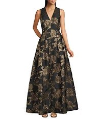 Alex Marie Christine Floral Print Textured Jacquard Sleeveless Gown