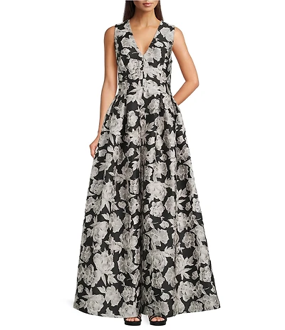 Alex Marie Christine Floral Print Textured Jacquard Sleeveless Gown