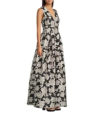 Alex Marie Christine Floral Print Textured Jacquard Sleeveless Gown