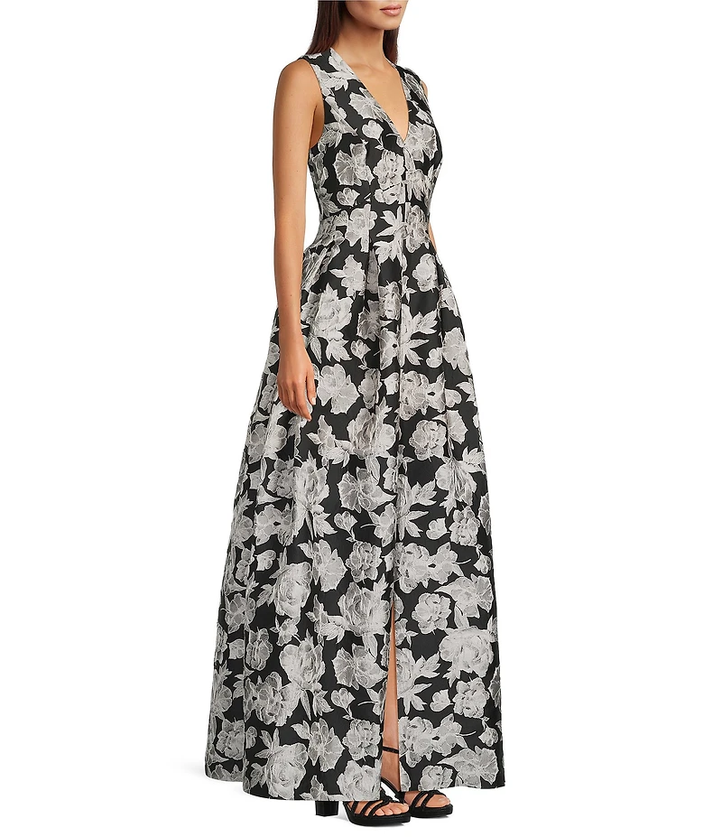Alex Marie Christine Floral Print Textured Jacquard Sleeveless Gown