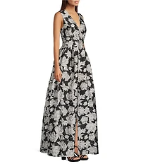 Alex Marie Christine Floral Print Textured Jacquard Sleeveless Gown