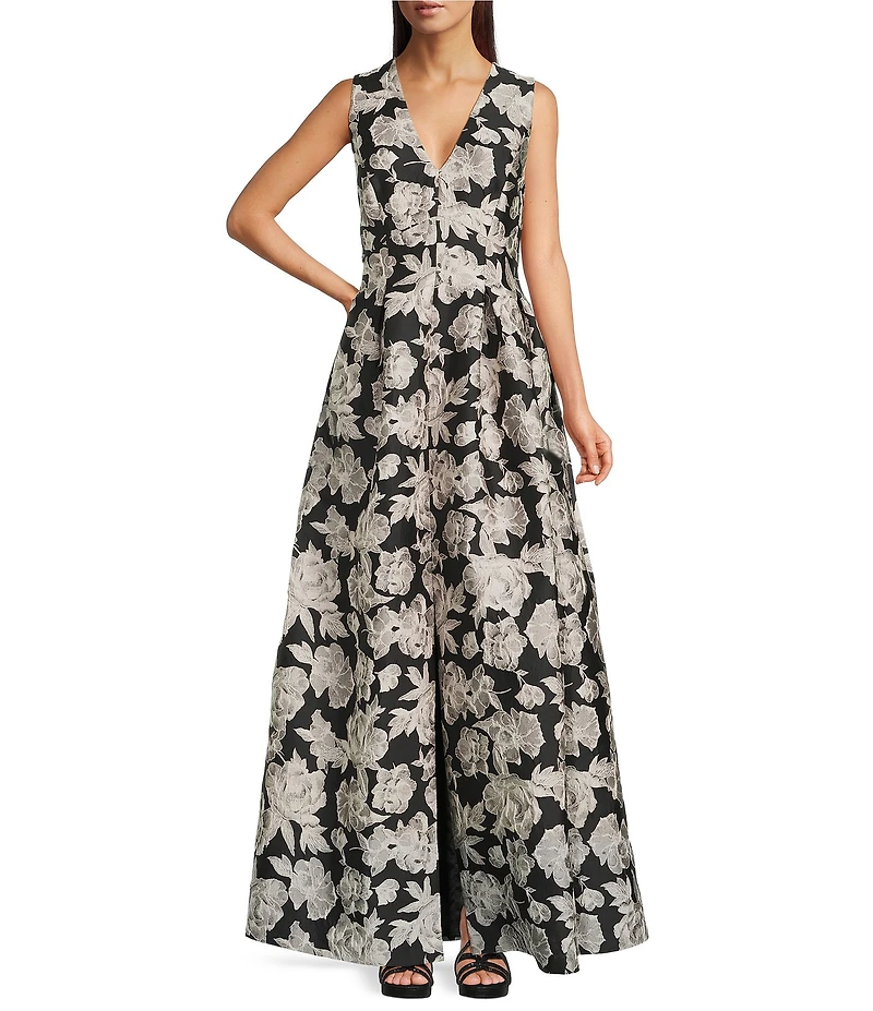 Alex Marie Christine Floral Print Textured Jacquard Sleeveless Gown