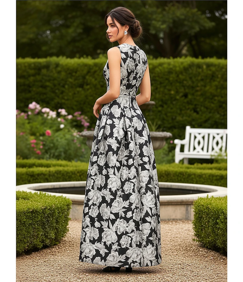 Alex Marie Christine Floral Print Textured Jacquard Sleeveless Gown