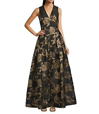 Alex Marie Christine Floral Print Textured Jacquard Sleeveless Gown