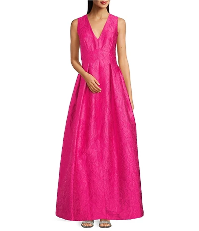 Alex Marie Christine Floral Textured Jacquard V Neck Sleeveless Gown