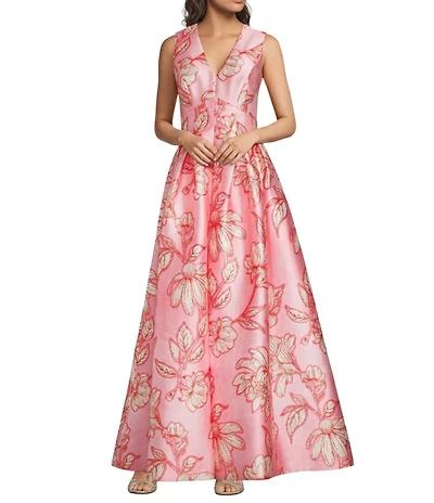 Alex Marie Christine V Neck Sleeveless Front Slit Twill Long Gown