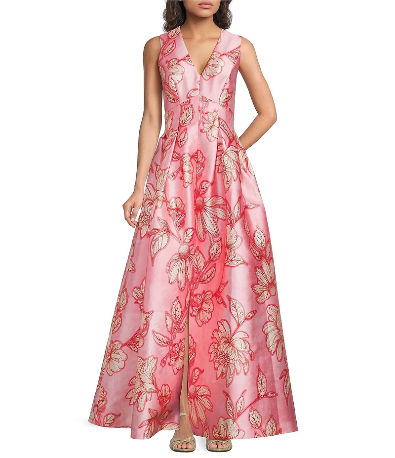 Alex Marie Christine V Neck Sleeveless Front Slit Twill Long Gown