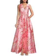 Alex Marie Christine V Neck Sleeveless Front Slit Twill Long Gown