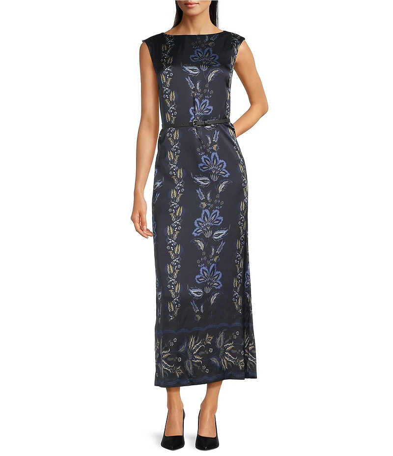Alex Marie Clara Printed Satin Boat Neck Cap Sleeve Dress