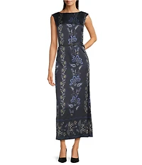 Alex Marie Clara Printed Satin Boat Neck Cap Sleeve Dress