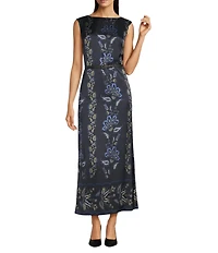 Alex Marie Clara Printed Satin Boat Neck Cap Sleeve Dress