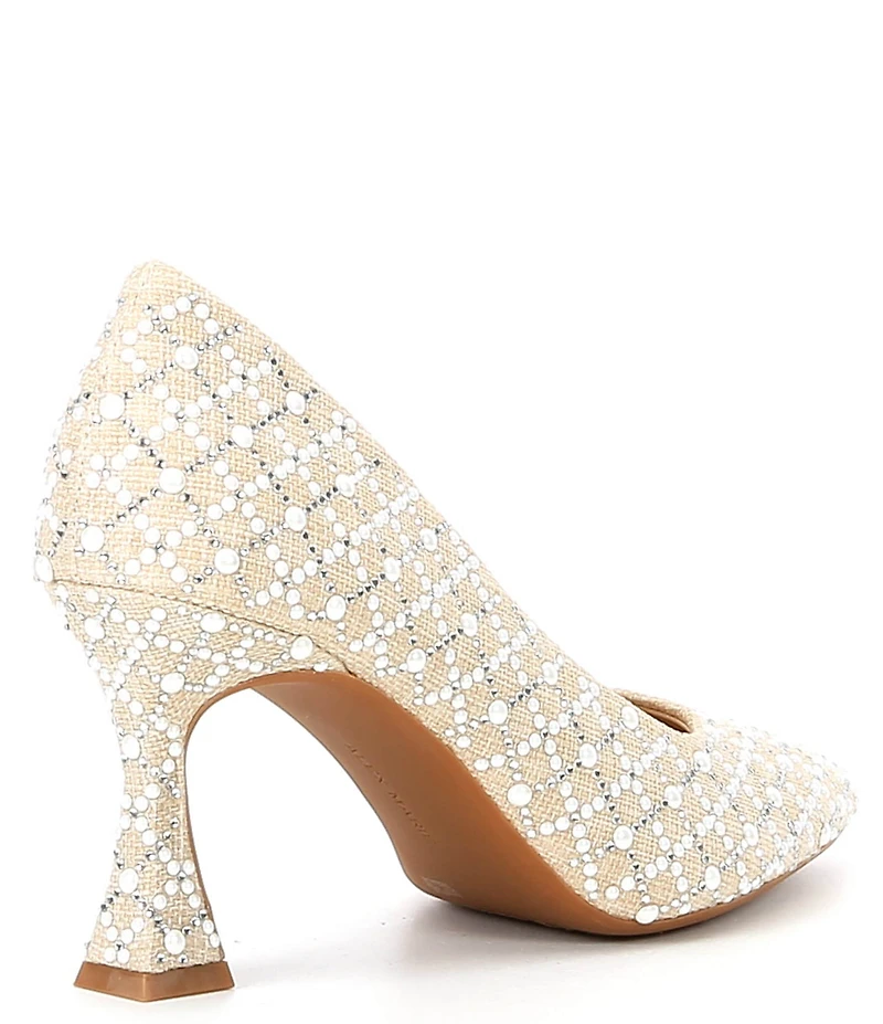 Alex Marie Colbie Linen Pearl Trellis Embellished Flared Heel Pumps
