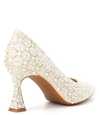 Alex Marie Colbie Linen Pearl Trellis Embellished Flared Heel Pumps