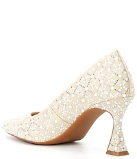 Alex Marie Colbie Linen Pearl Trellis Embellished Flared Heel Pumps