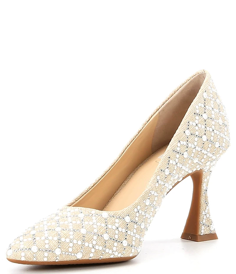 Alex Marie Colbie Linen Pearl Trellis Embellished Flared Heel Pumps