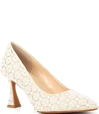 Alex Marie Colbie Linen Pearl Trellis Embellished Flared Heel Pumps