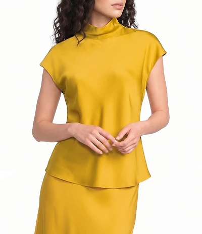Alex Marie Coordinating Lucy Stretch Satin Mock Neck Short Sleeve Blouse