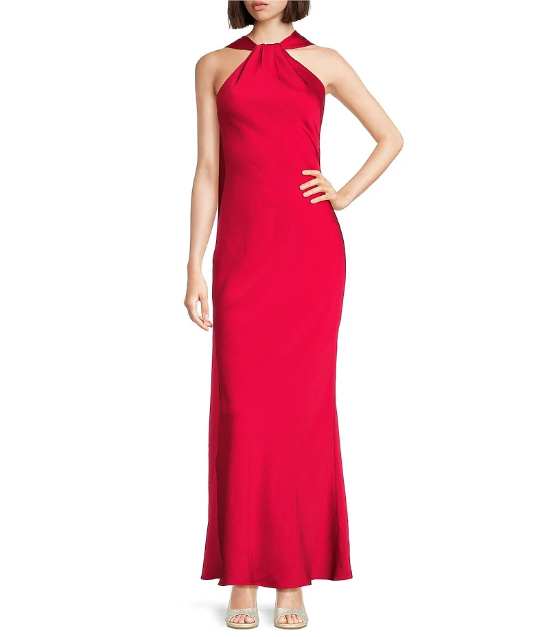 Alex Marie Crawford Satin Back Crepe Halter Scarf Sleeveless Maxi Gown
