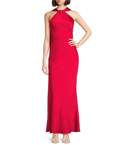 Alex Marie Crawford Satin Back Crepe Halter Scarf Sleeveless Maxi Gown