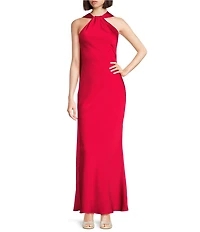 Alex Marie Crawford Satin Back Crepe Halter Scarf Sleeveless Maxi Gown