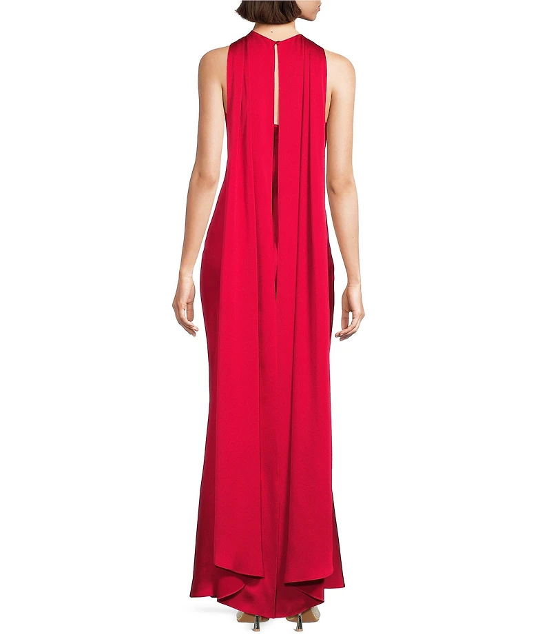 Alex Marie Crawford Satin Back Crepe Halter Scarf Sleeveless Maxi Gown