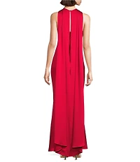 Alex Marie Crawford Satin Back Crepe Halter Scarf Sleeveless Maxi Gown