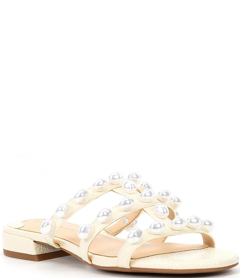 Alex Marie Cyrus Two Embossed Patent T-Strap Pearl Ornamented Slide Sandals