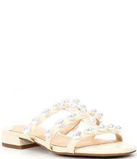 Alex Marie Cyrus Two Embossed Patent T-Strap Pearl Ornamented Slide Sandals