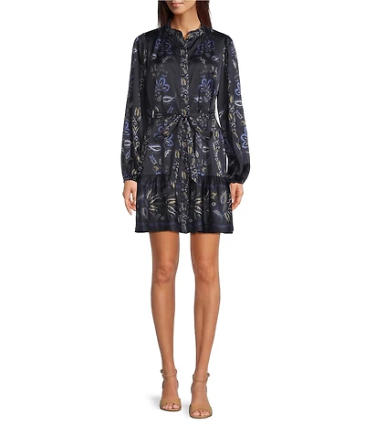 Alex Marie Daphne Floral Printed Satin Mock Neck Long Sleeve Dress