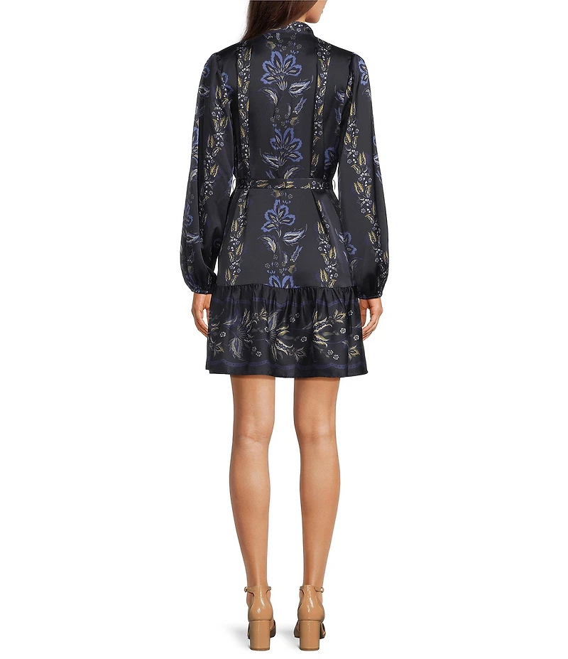 Alex Marie Daphne Floral Printed Satin Mock Neck Long Sleeve Dress