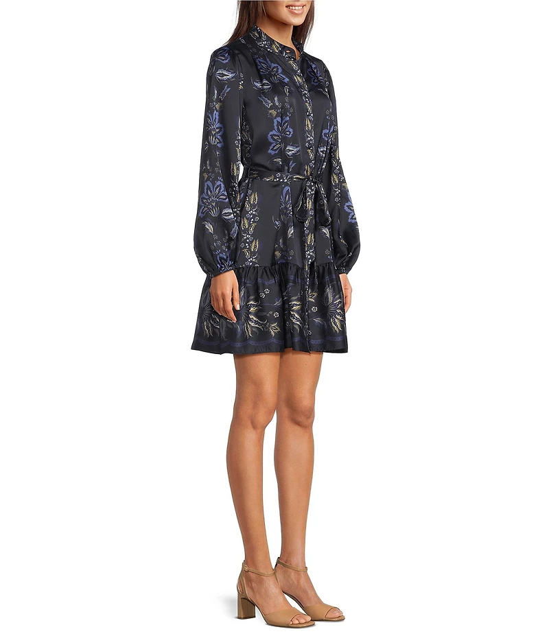 Alex Marie Daphne Floral Printed Satin Mock Neck Long Sleeve Dress