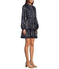 Alex Marie Daphne Floral Printed Satin Mock Neck Long Sleeve Dress