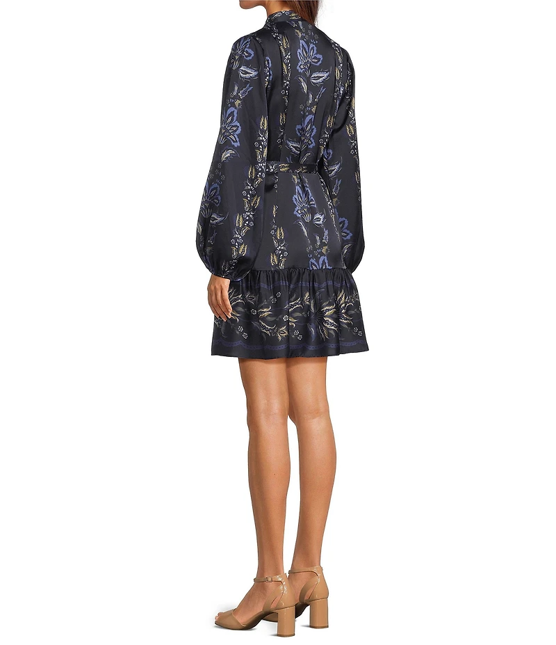 Alex Marie Daphne Floral Printed Satin Mock Neck Long Sleeve Dress
