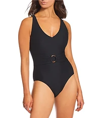 Gibson & Latimer Diamond Textured Solid V-Neck Belted Tortoise Ring One Piece Swimsuit