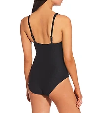 Gibson & Latimer Diamond Textured Solid V-Neck Belted Tortoise Ring One Piece Swimsuit